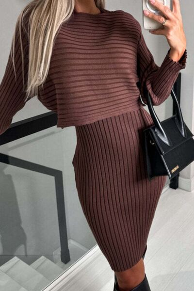 Ribbed Round Neck Top and Cami Dress Sweater Set